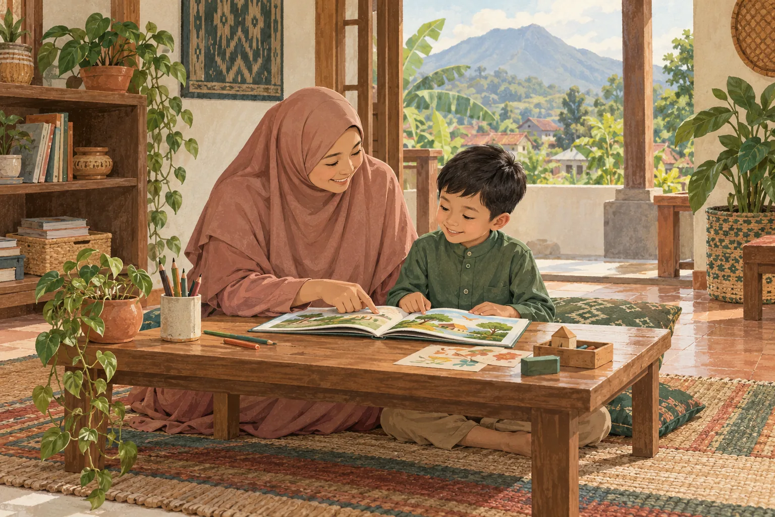 Ilustrasi ibu berhijab mendampingi anak membaca dengan tenang di rumah. Semua tokoh berpakaian sopan dan dada tertutup.