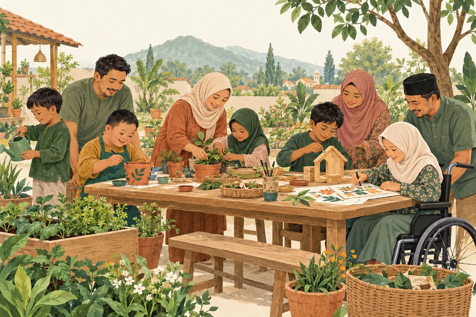 Ilustrasi keluarga dan anak belajar seni serta berkebun bersama di Garut, termasuk pengguna kursi roda. Semua tokoh berpakaian sopan dan dada tertutup.
