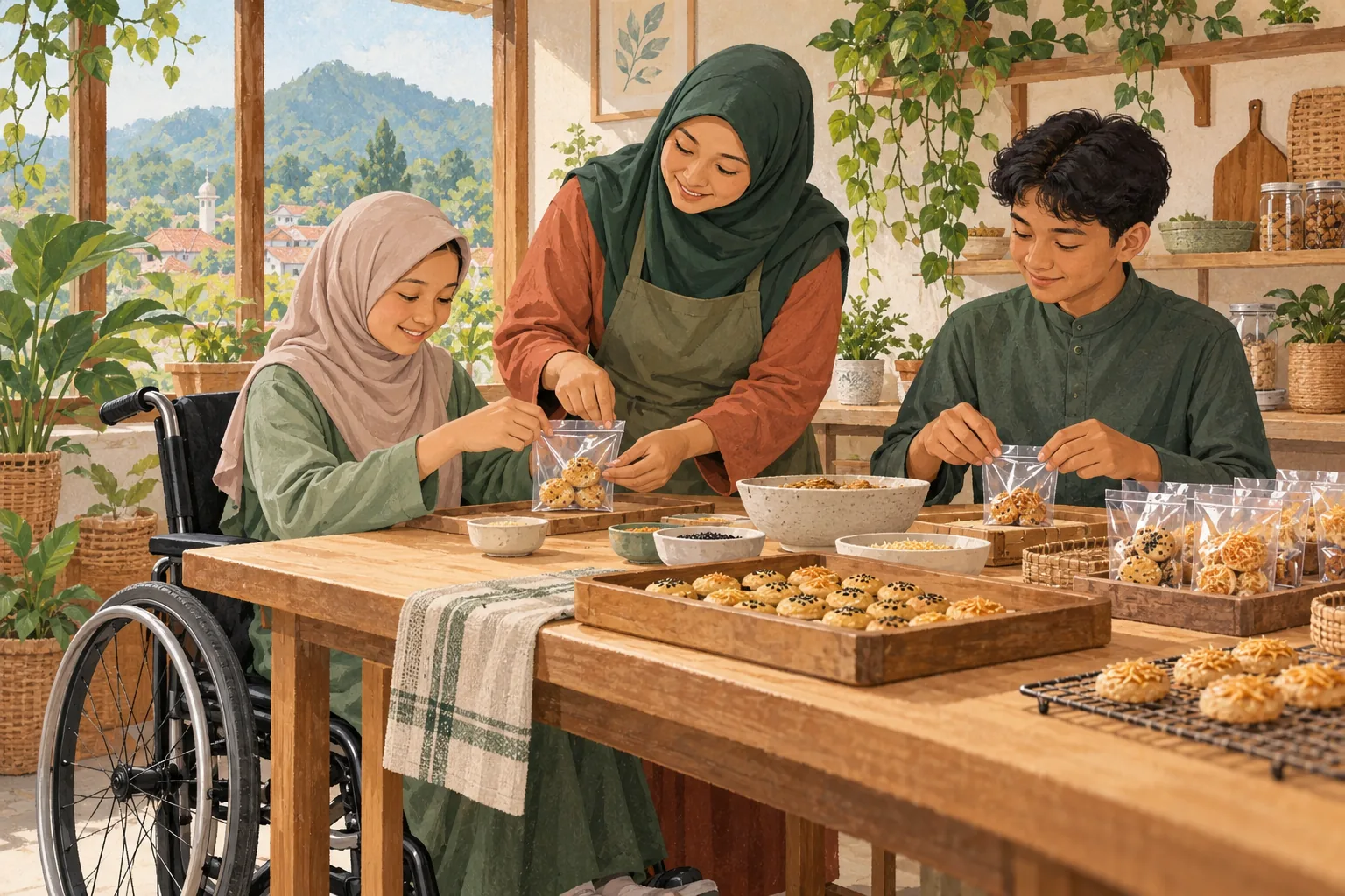 Ilustrasi pendamping berhijab bersama remaja termasuk pengguna kursi roda belajar mengemas makanan. Semua tokoh berpakaian sopan dan dada tertutup.